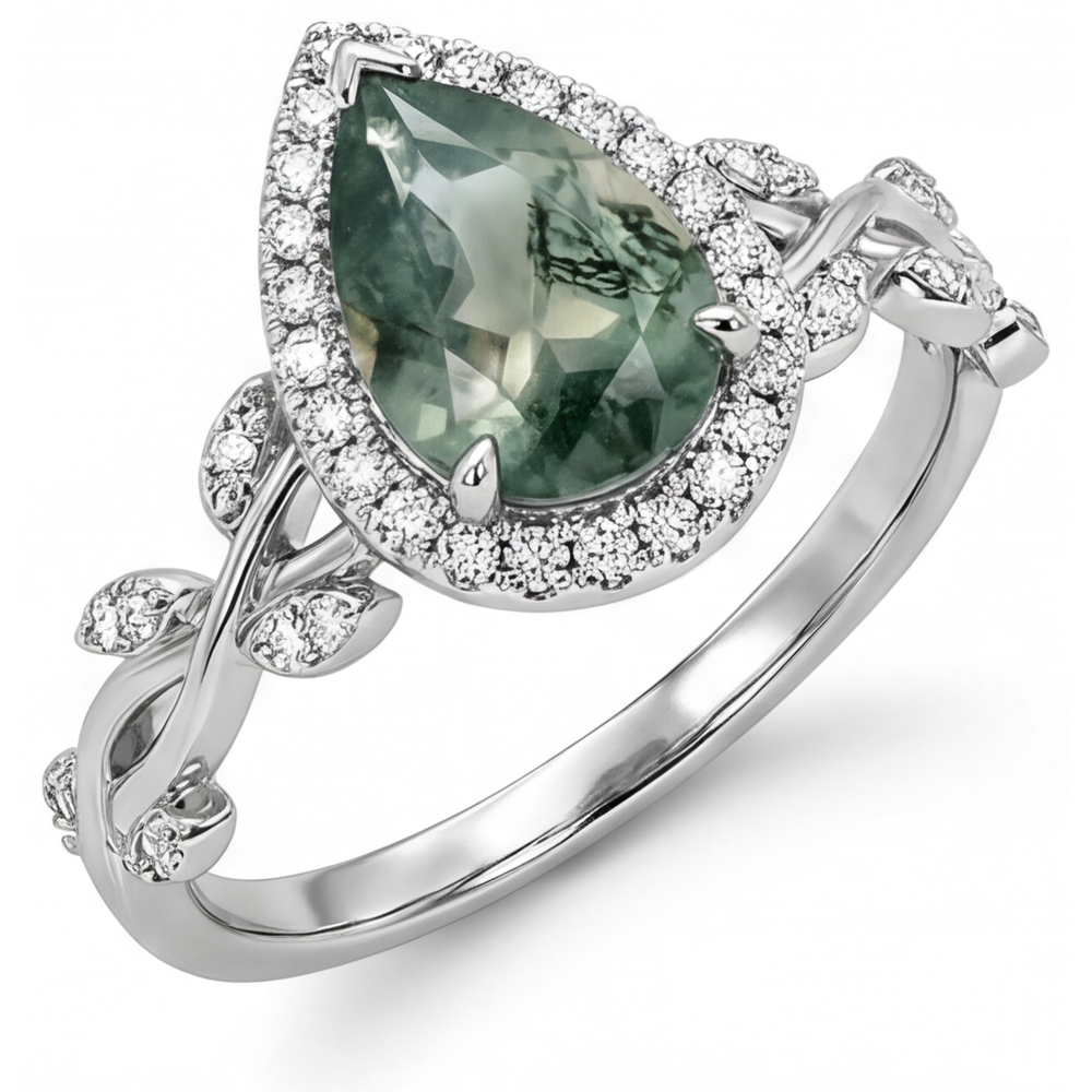 Moss Agate Goccia Anello con Pietra Preziosa in Oro 14 Carati Bianco – vista principale