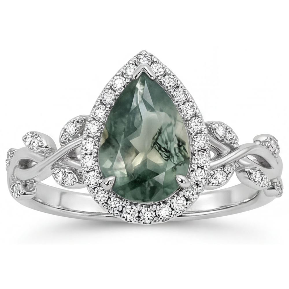 Fatto a mano Moss Agate Anello con Pietra Preziosa 3 carati – vista frontale