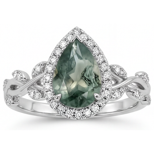 Fatto a mano Moss Agate Anello con Pietra Preziosa 3 carati – vista frontale