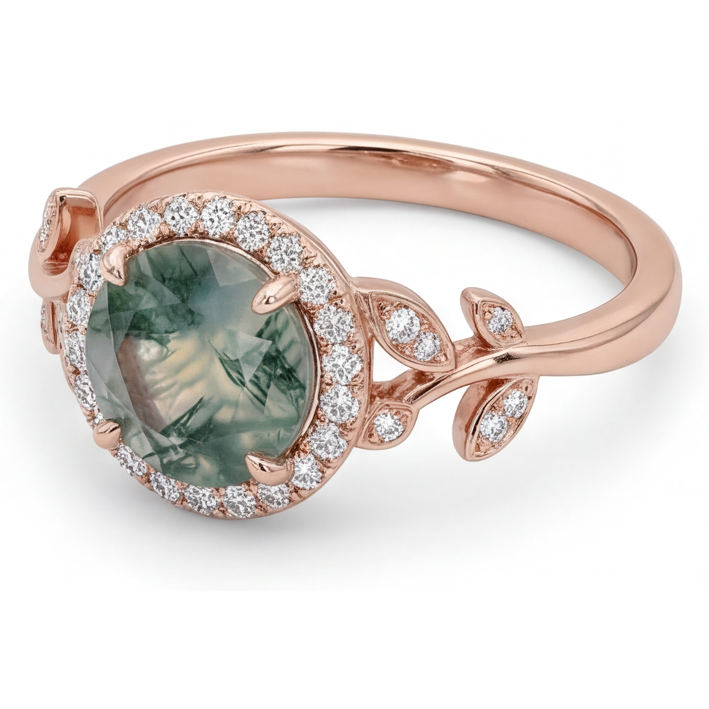 Moss Agate Anello Pietra Colorata 2,0 carati Oro Rosa 14K – vista frontale