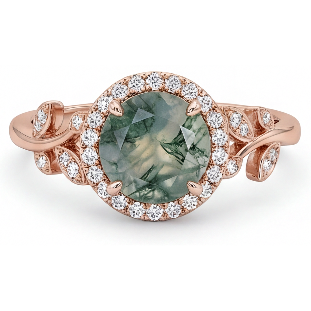 Anello Pietra Colorata Oro Rosa 14K con Moss Agate – vista laterale