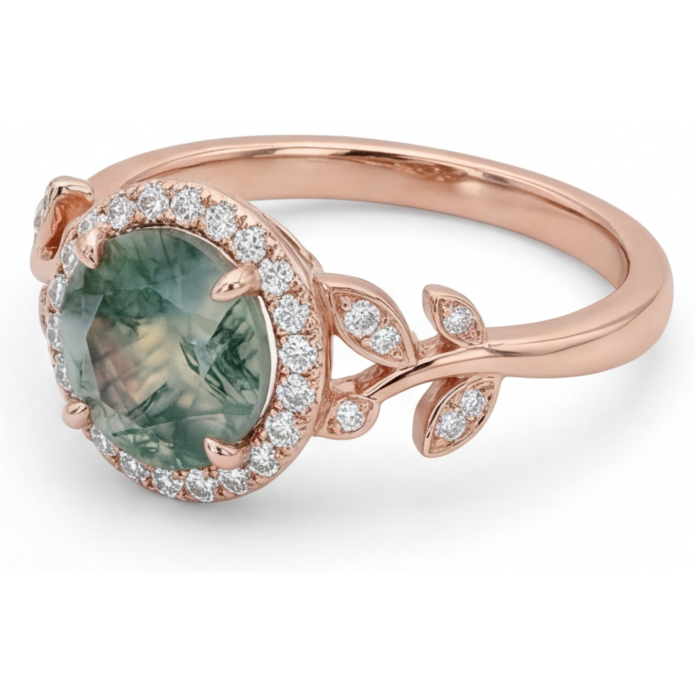 Anello Pietra Colorata Oro Rosa 14K con Moss Agate – vista angolare