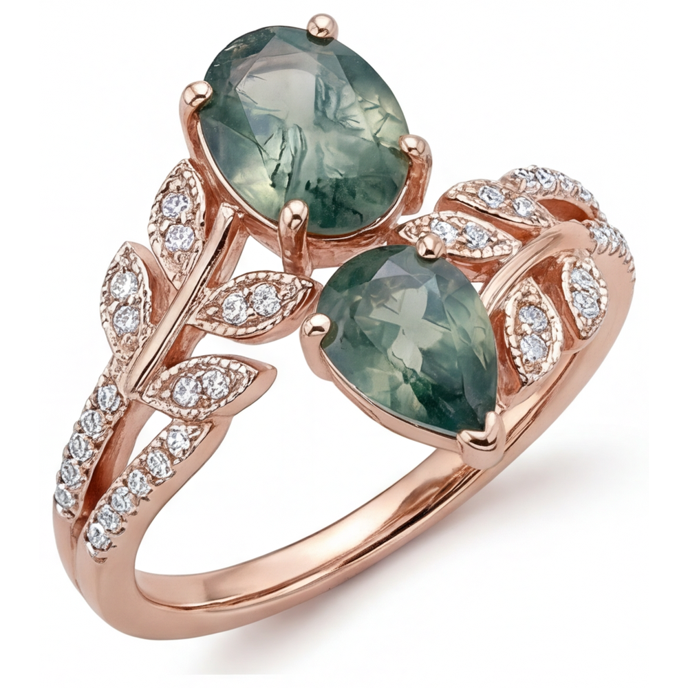 Anello Pietra Colorata Oro Rosa 14K con Moss Agate – vista frontale