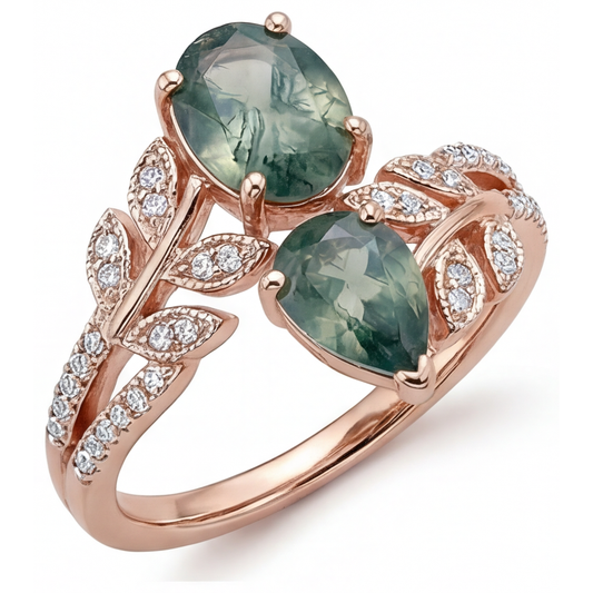 Anello Pietra Colorata Oro Rosa 14K con Moss Agate – vista frontale