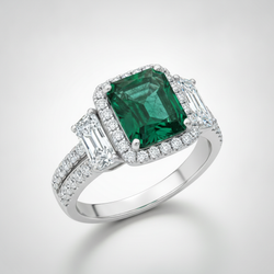 Anello di fidanzamento a tre pietre in platino con smeraldo naturale Muzo Halo taglio Cadillac