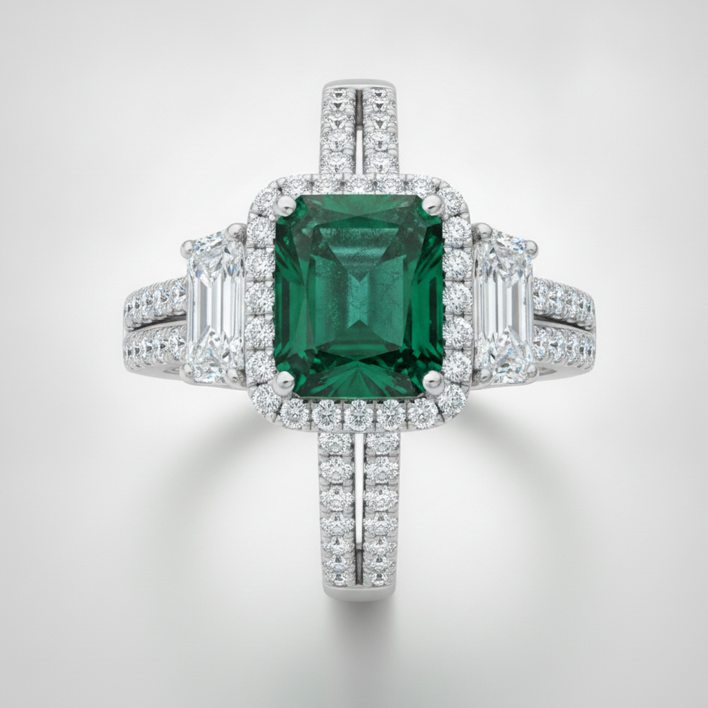 Anello di fidanzamento a tre pietre in platino con smeraldo naturale Muzo Halo taglio Cadillac