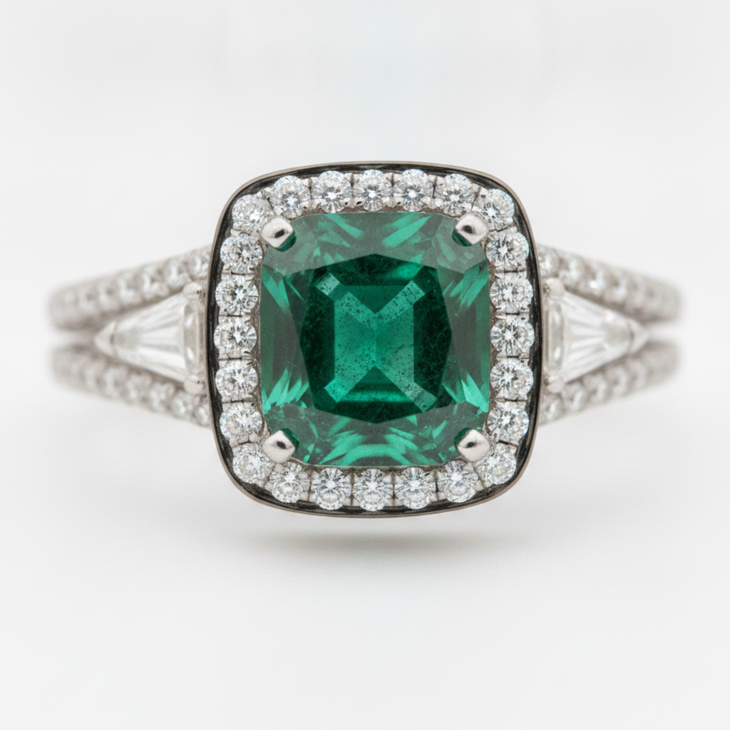 Anello di Fidanzamento Taglio Smeraldo 2,64 Carati Muzo Naturale a Doppio Gambo in Oro Bianco 18K