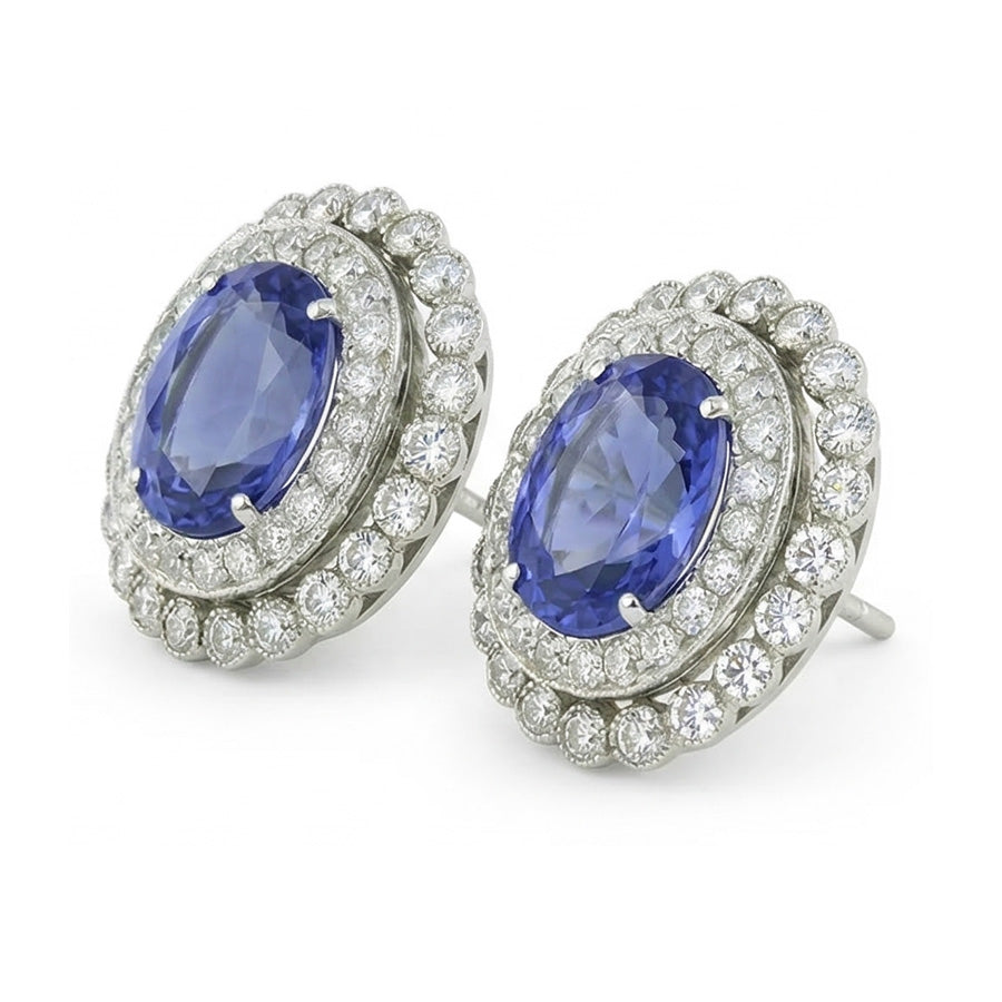 orecchini a bottone con zaffiro di Ceylon da 5,50 carati e diamante ovale rotondo WG in oro bianco 14K