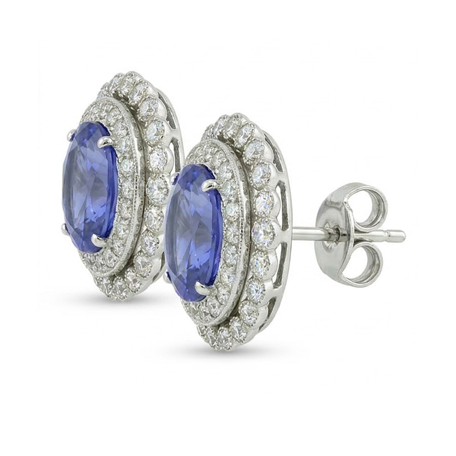 orecchini a bottone con zaffiro di Ceylon da 5,50 carati e diamante ovale rotondo WG in oro bianco 14K