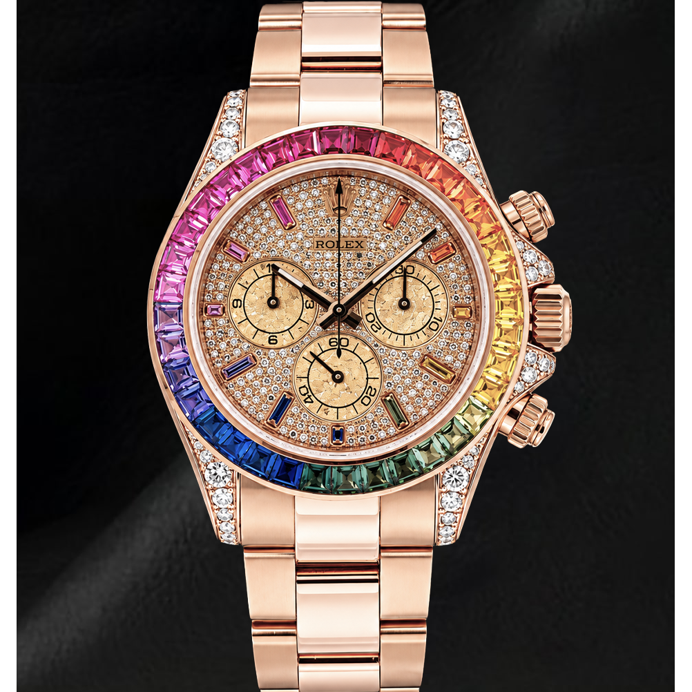Orologio Rolex Cosmograph Daytona 40mm 116505 in Oro Rosa con Quadrante Pavé di Diamanti e Indici Arcobaleno