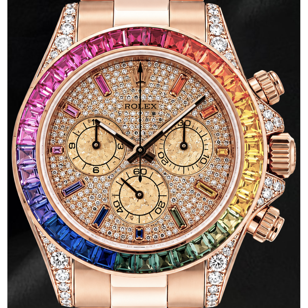 Orologio Rolex Cosmograph Daytona 40mm 116505 in Oro Rosa con Quadrante Pavé di Diamanti e Indici Arcobaleno