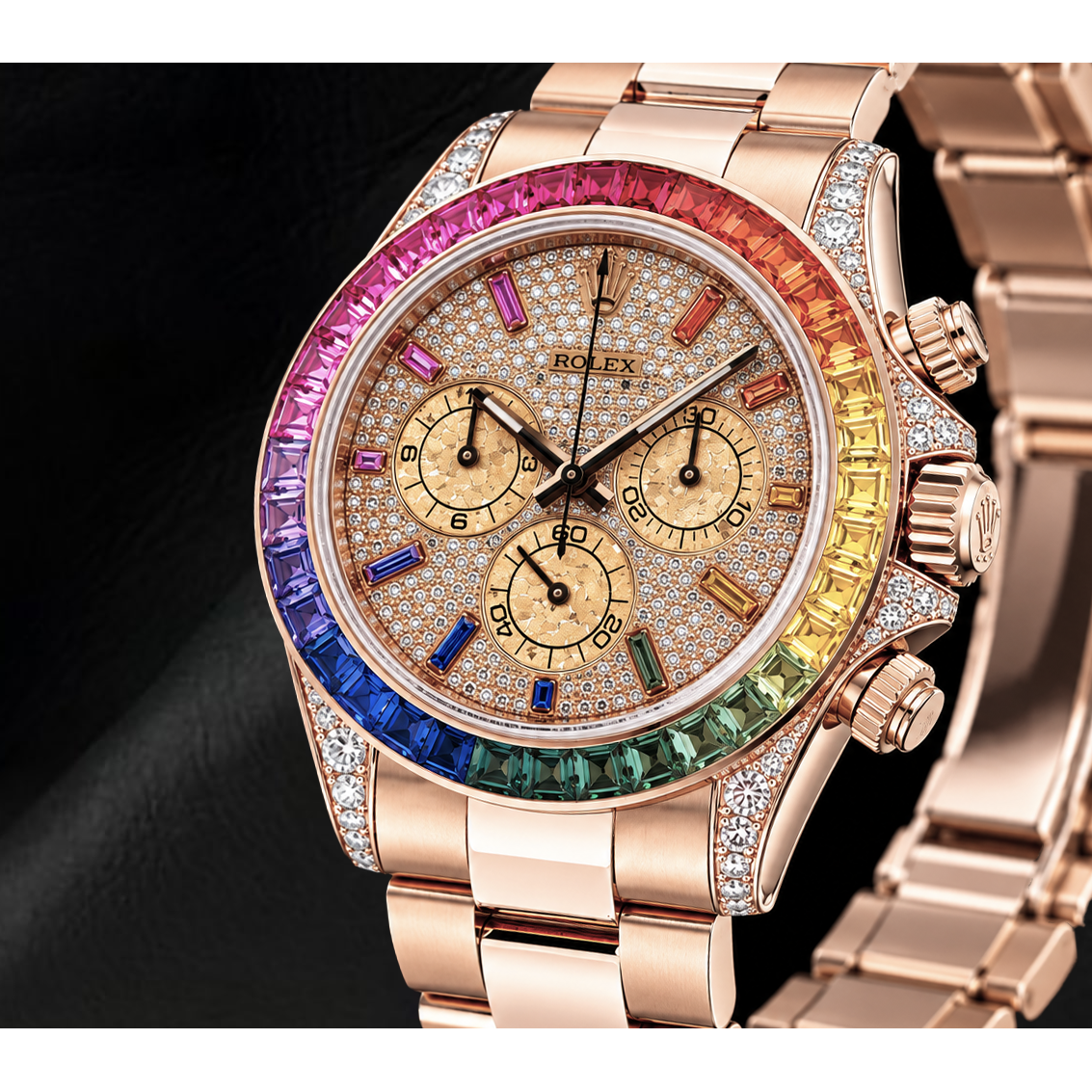 Orologio Rolex Cosmograph Daytona 40mm 116505 in Oro Rosa con Quadrante Pavé di Diamanti e Indici Arcobaleno