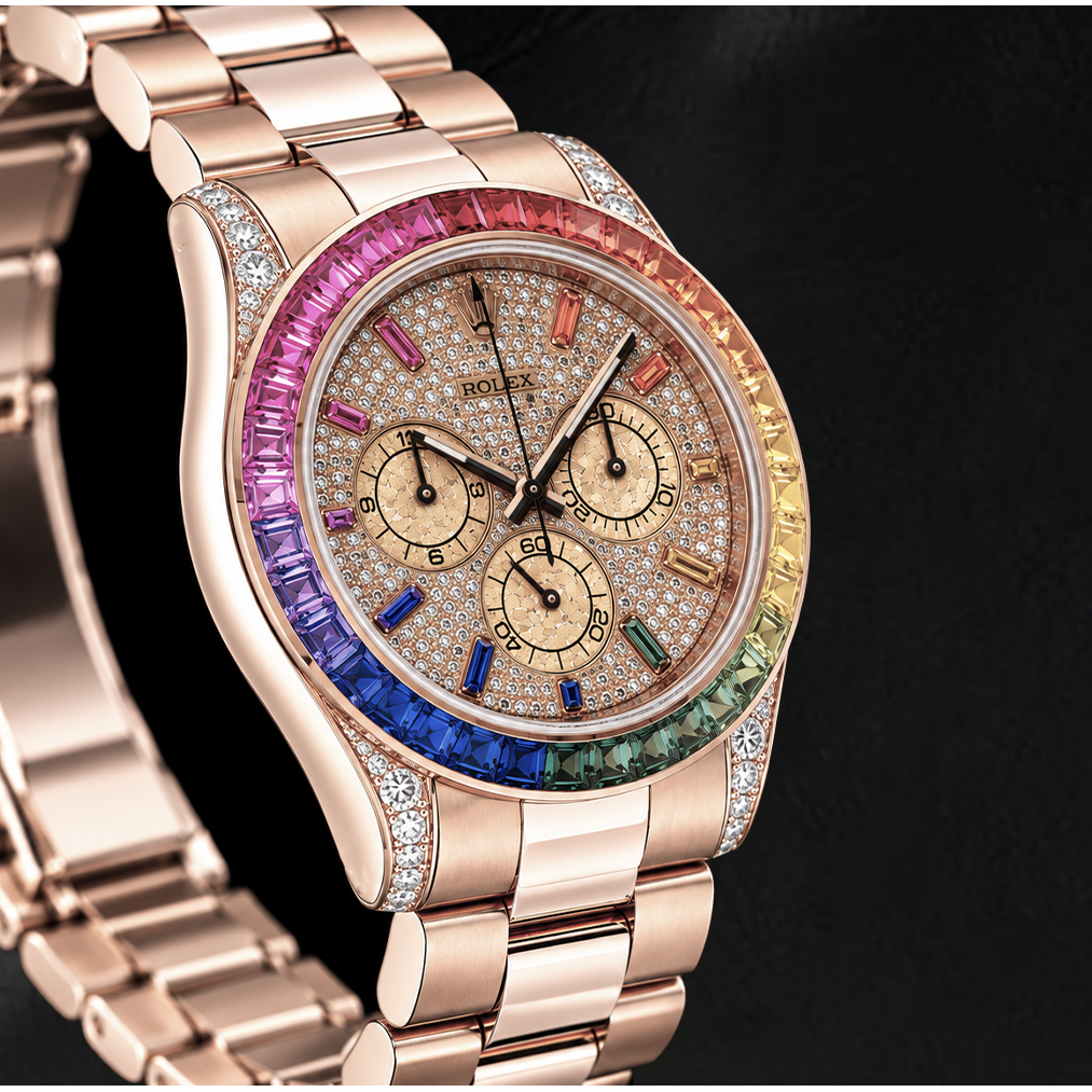 Orologio Rolex Cosmograph Daytona 40mm 116505 in Oro Rosa con Quadrante Pavé di Diamanti e Indici Arcobaleno