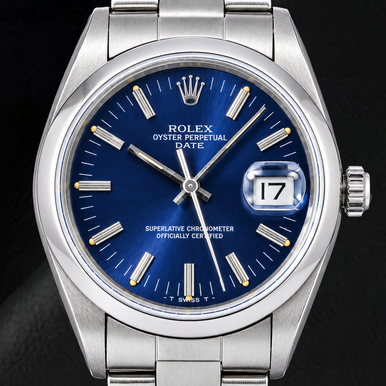 Orologio Rolex Date 14203 34mm in Acciaio Inossidabile con Quadrante Blu con Indici a Bastone