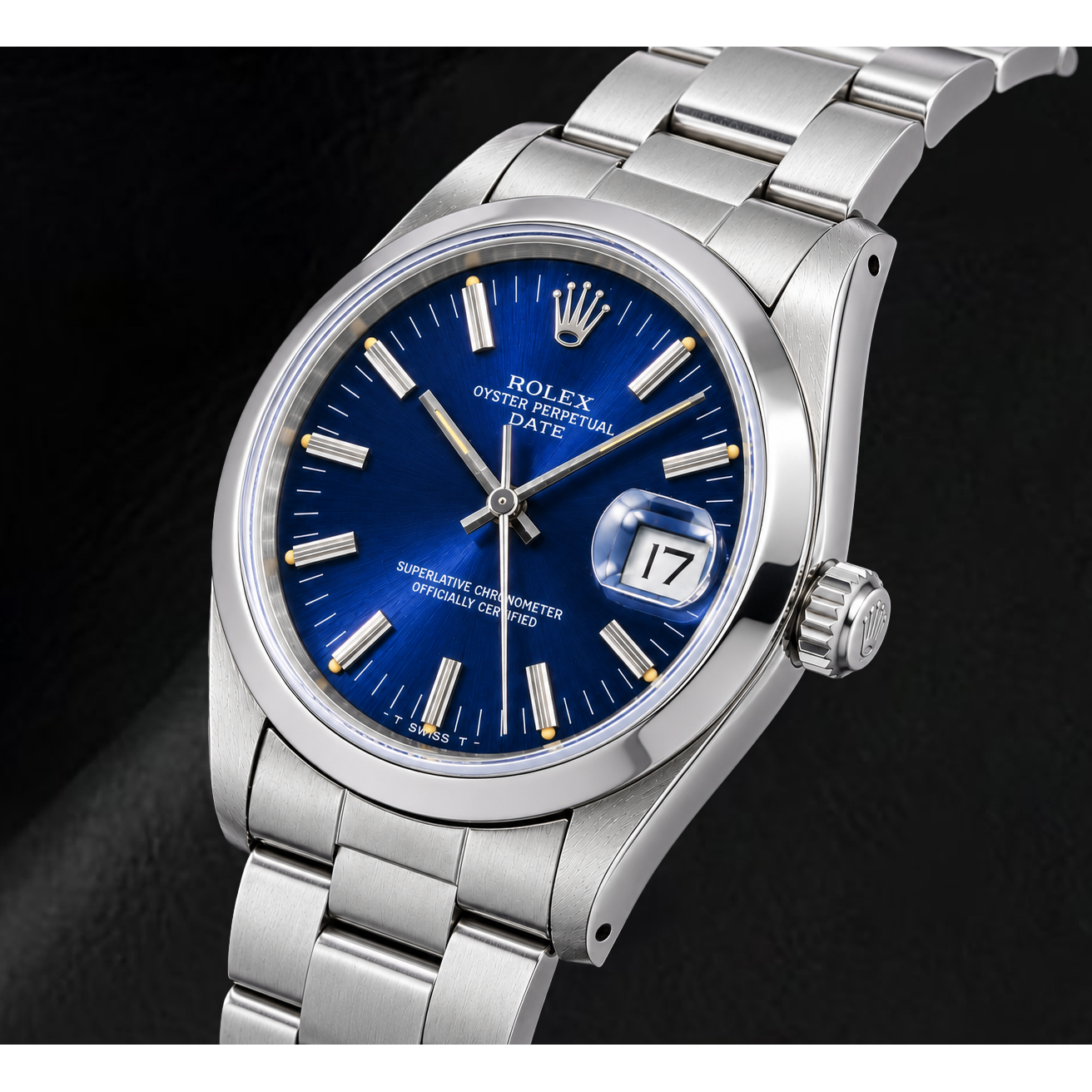 Orologio Rolex Date 14203 34mm in Acciaio Inossidabile con Quadrante Blu con Indici a Bastone