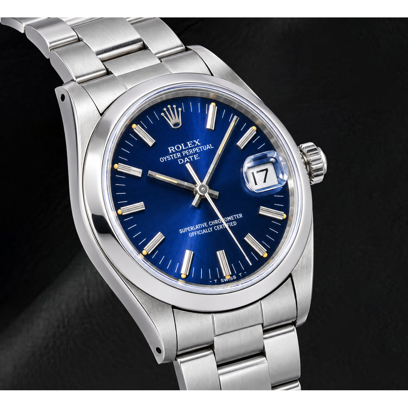 Orologio Rolex Date 14203 34mm in Acciaio Inossidabile con Quadrante Blu con Indici a Bastone