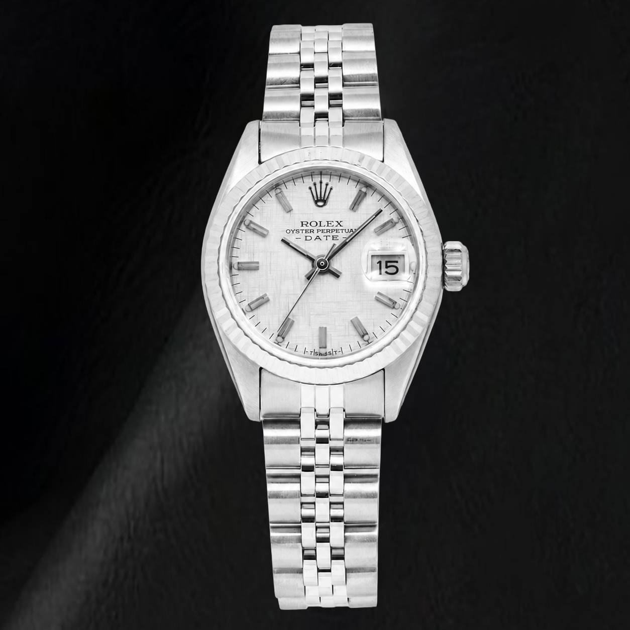 Orologio Rolex Date 6916 26 mm Quadrante Effetto Lino Argento Acciaio Inossidabile Bracciale Jubilee