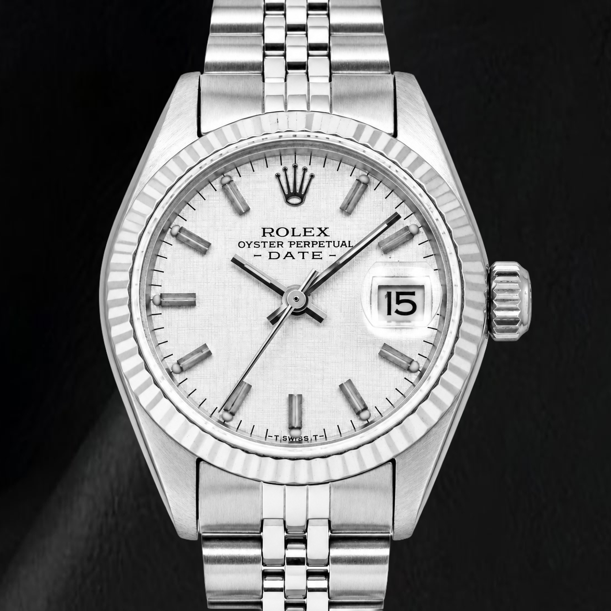 Orologio Rolex Date 6916 26 mm Quadrante Effetto Lino Argento Acciaio Inossidabile Bracciale Jubilee