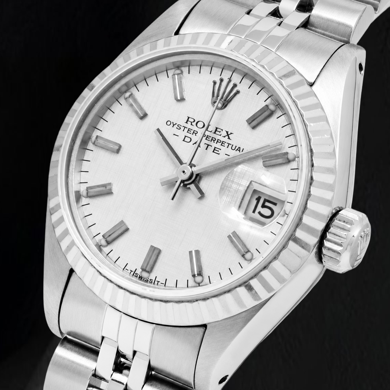 Orologio Rolex Date 6916 26 mm Quadrante Effetto Lino Argento Acciaio Inossidabile Bracciale Jubilee