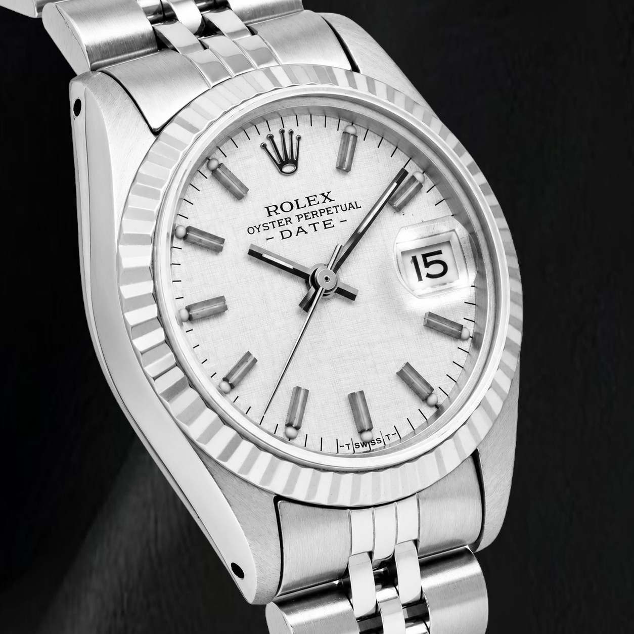 Orologio Rolex Date 6916 26 mm Quadrante Effetto Lino Argento Acciaio Inossidabile Bracciale Jubilee