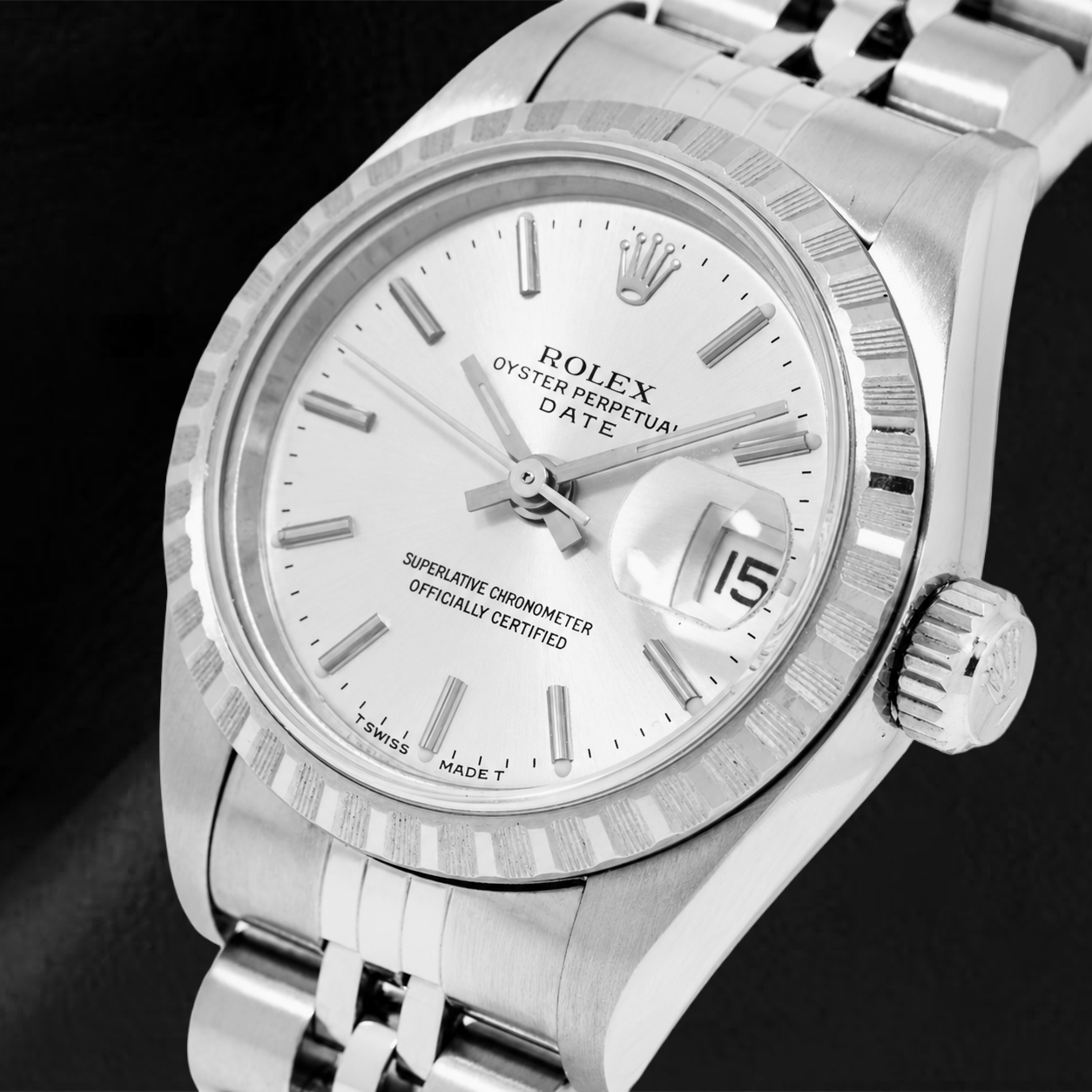 Orologio Rolex Date 6924 26 mm Quadrante Argento con Indici a Bastone Bracciale Jubilee in Acciaio Inossidabile