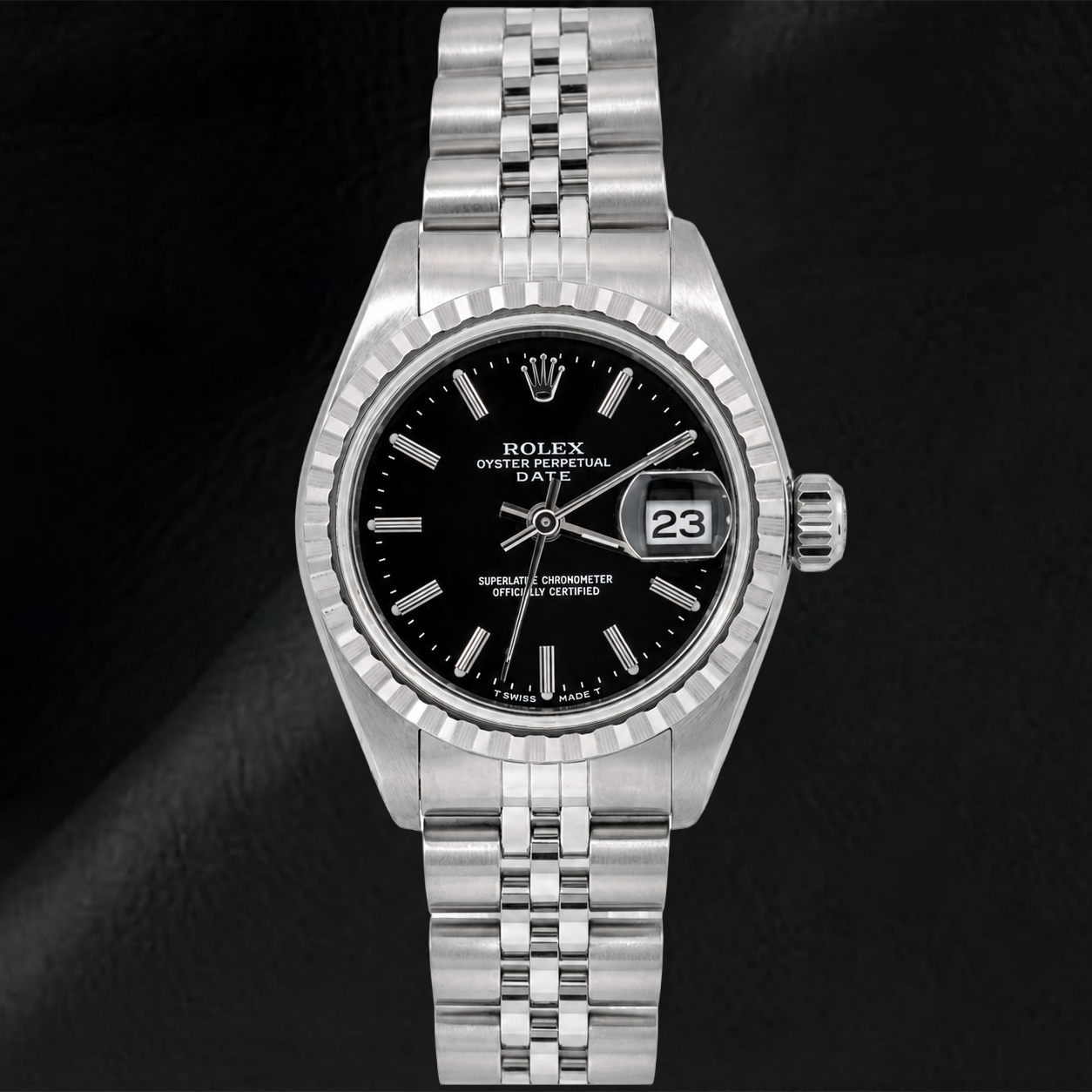 Orologio Rolex Date 6924 26 mm Quadrante Nero con Indici a Bastone Bracciale Jubilee in Acciaio Inossidabile