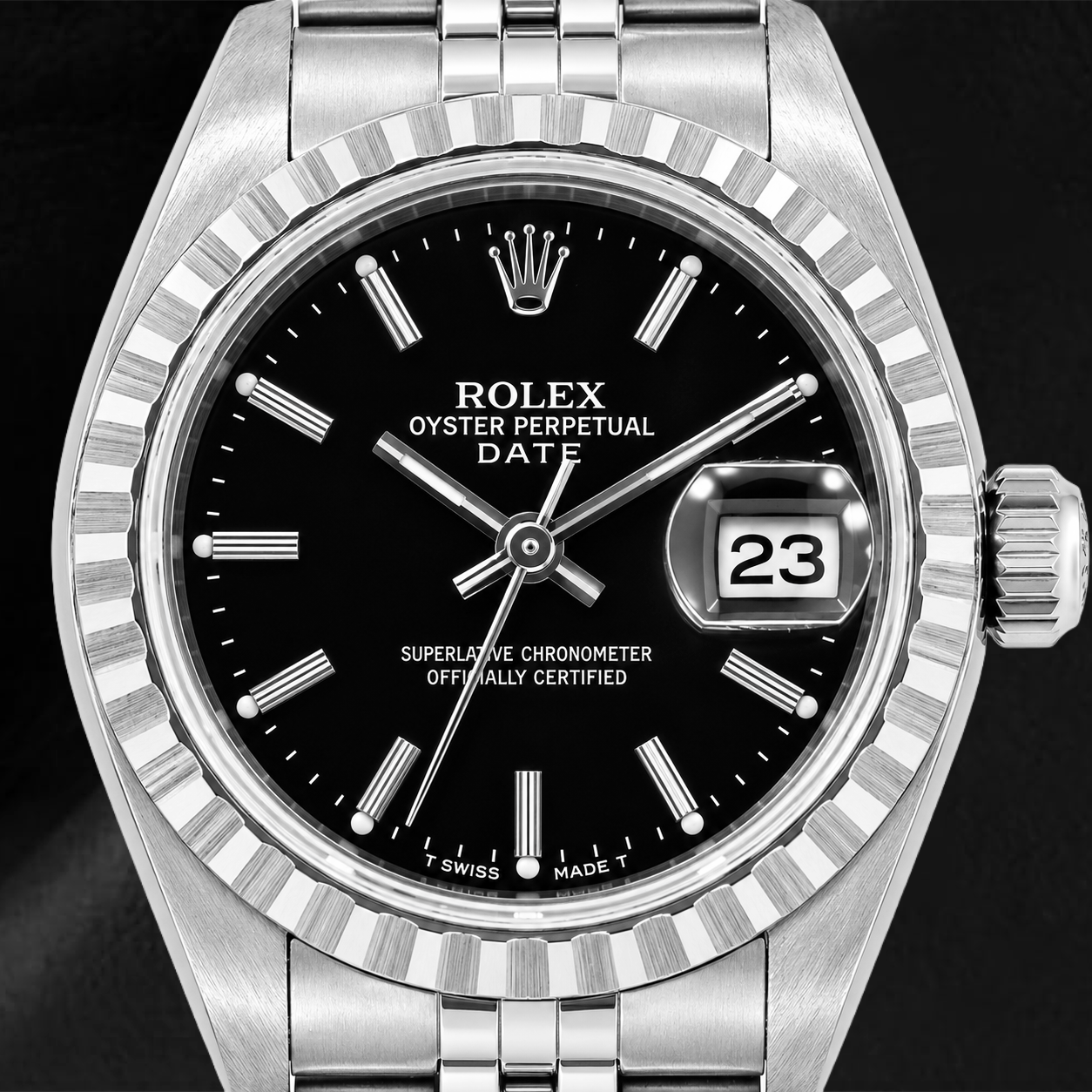 Orologio Rolex Date 6924 26 mm Quadrante Nero con Indici a Bastone Bracciale Jubilee in Acciaio Inossidabile