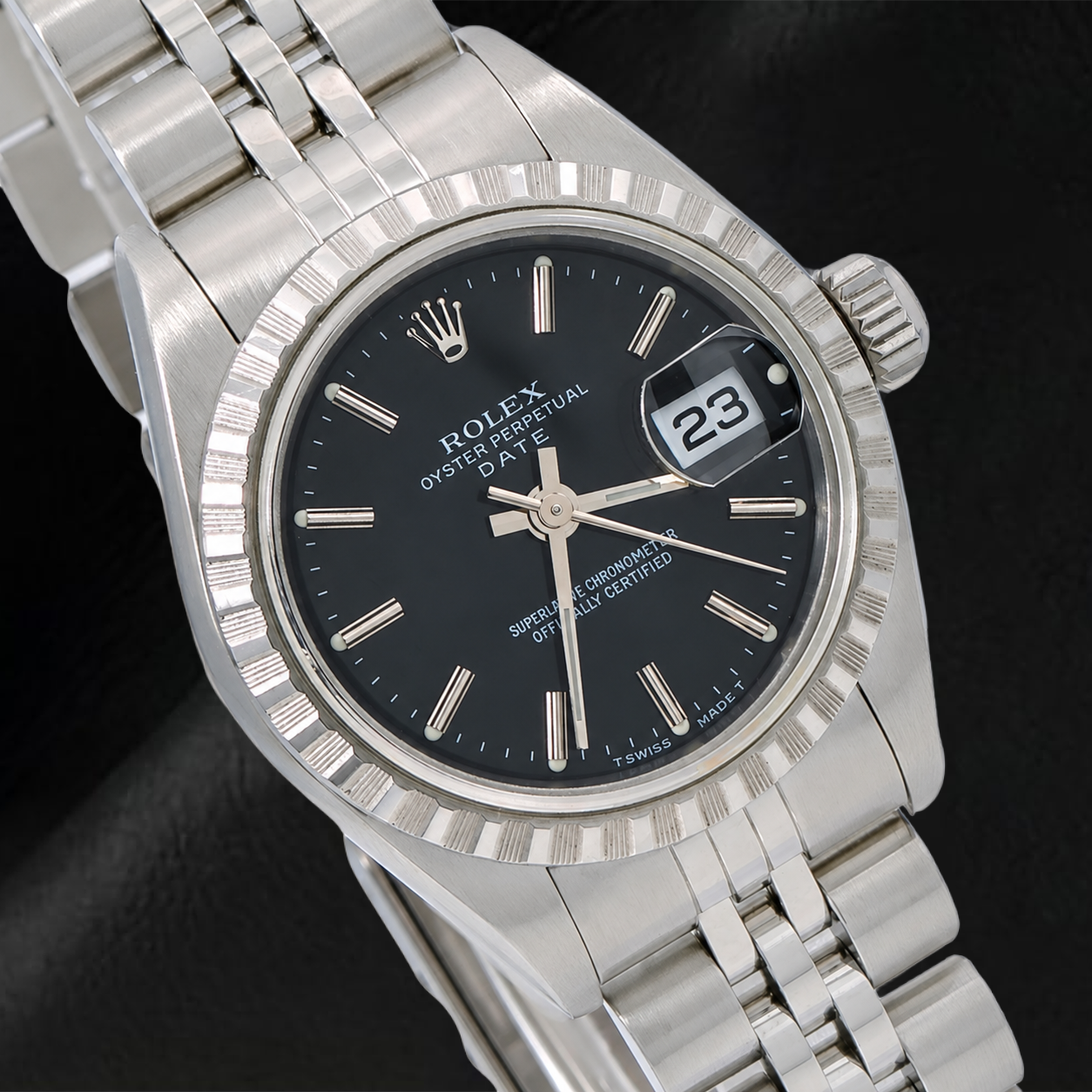 Orologio Rolex Date 6924 26 mm Quadrante Nero con Indici a Bastone Bracciale Jubilee in Acciaio Inossidabile