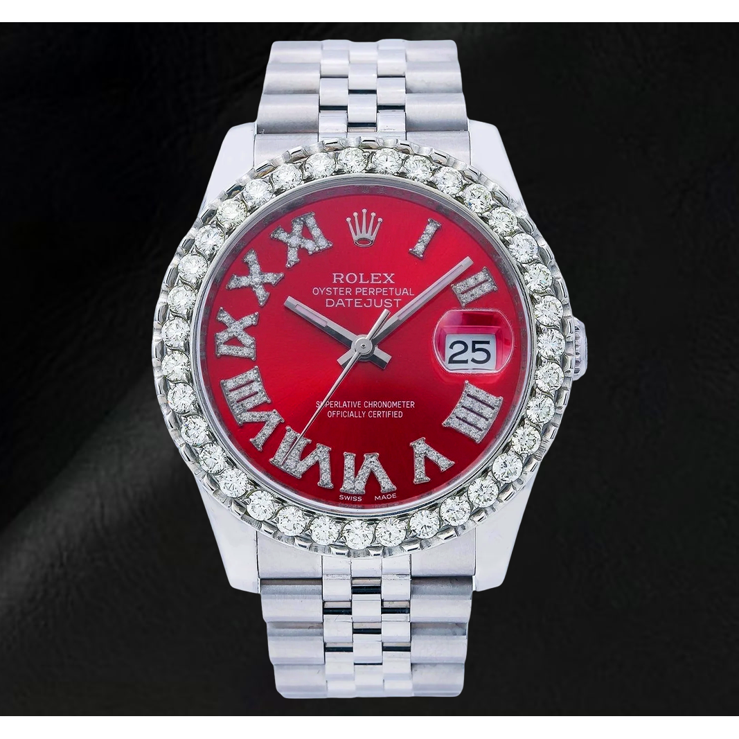 Orologio Rolex Datejust 116200 36 mm in Acciaio Inossidabile con Quadrante con Diamanti Rosso e Numeri Romani