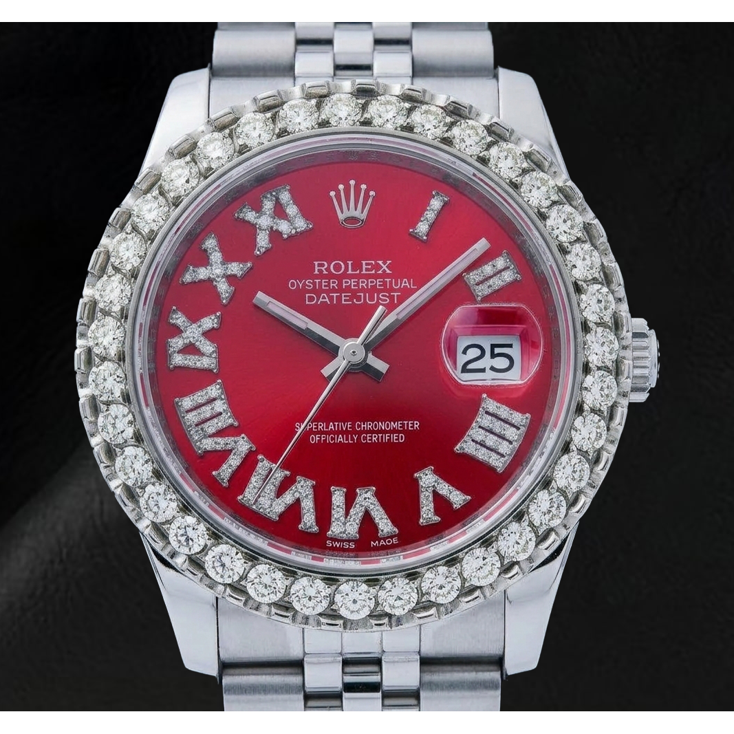 Orologio Rolex Datejust 116200 36 mm in Acciaio Inossidabile con Quadrante con Diamanti Rosso e Numeri Romani