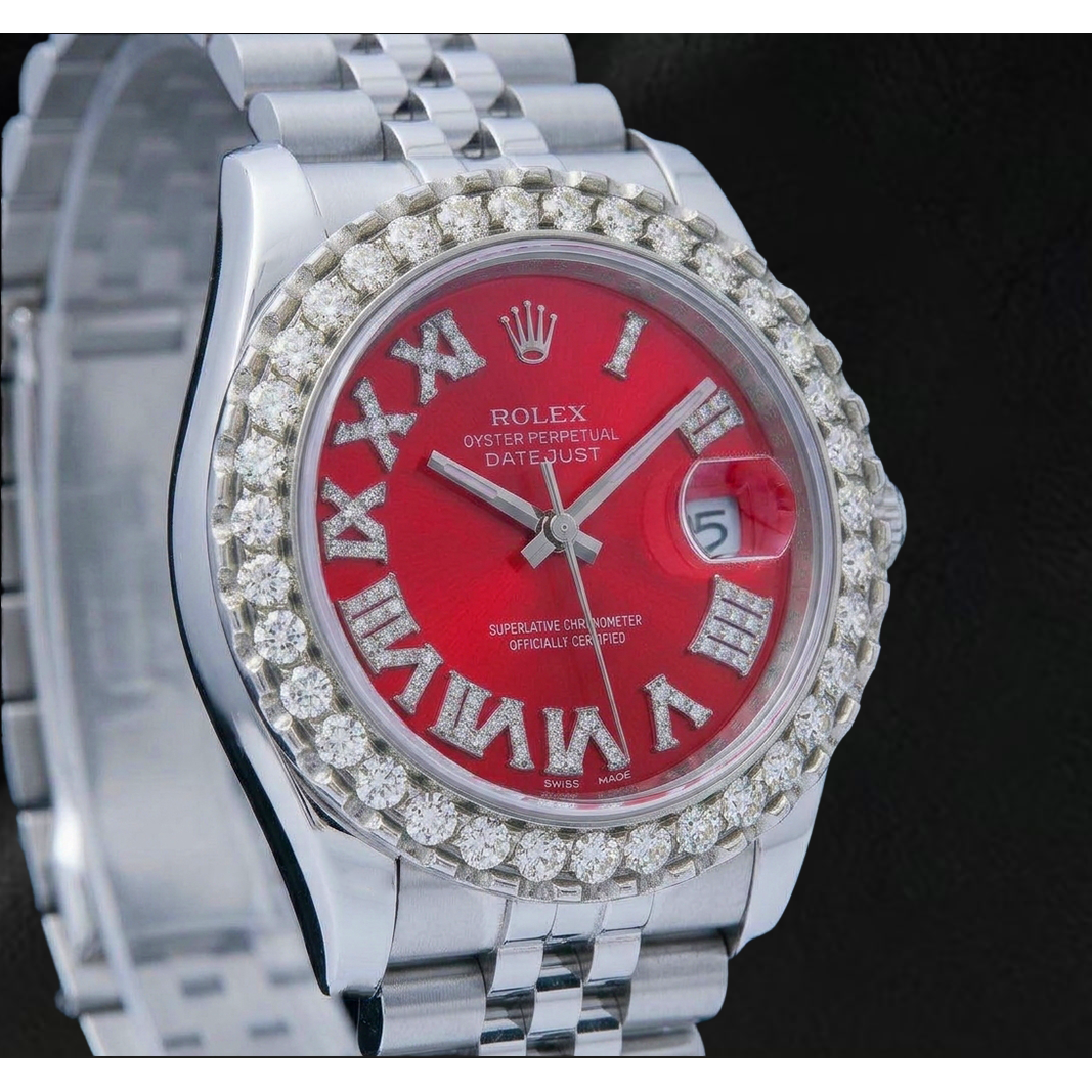 Orologio Rolex Datejust 116200 36 mm in Acciaio Inossidabile con Quadrante con Diamanti Rosso e Numeri Romani