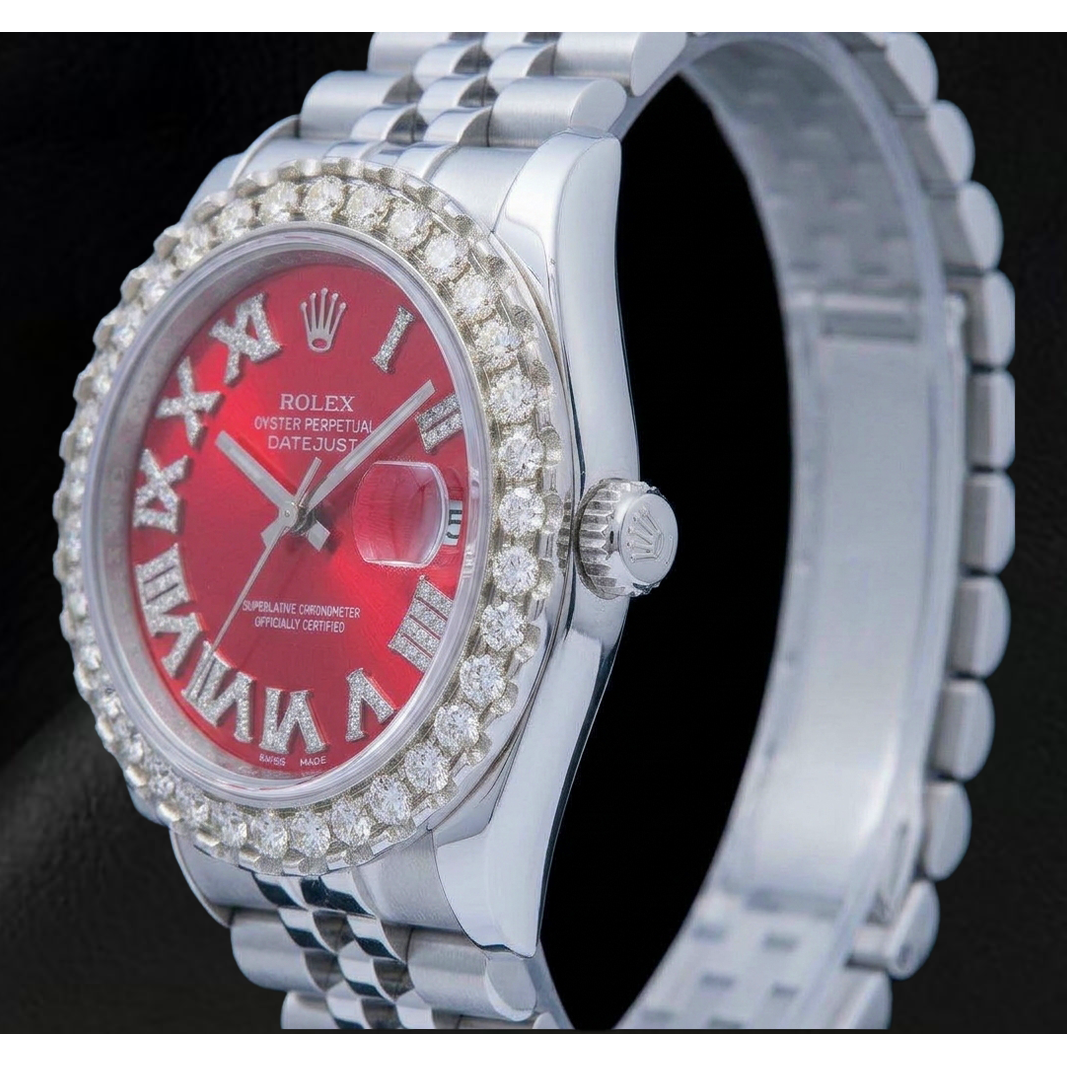 Orologio Rolex Datejust 116200 36 mm in Acciaio Inossidabile con Quadrante con Diamanti Rosso e Numeri Romani