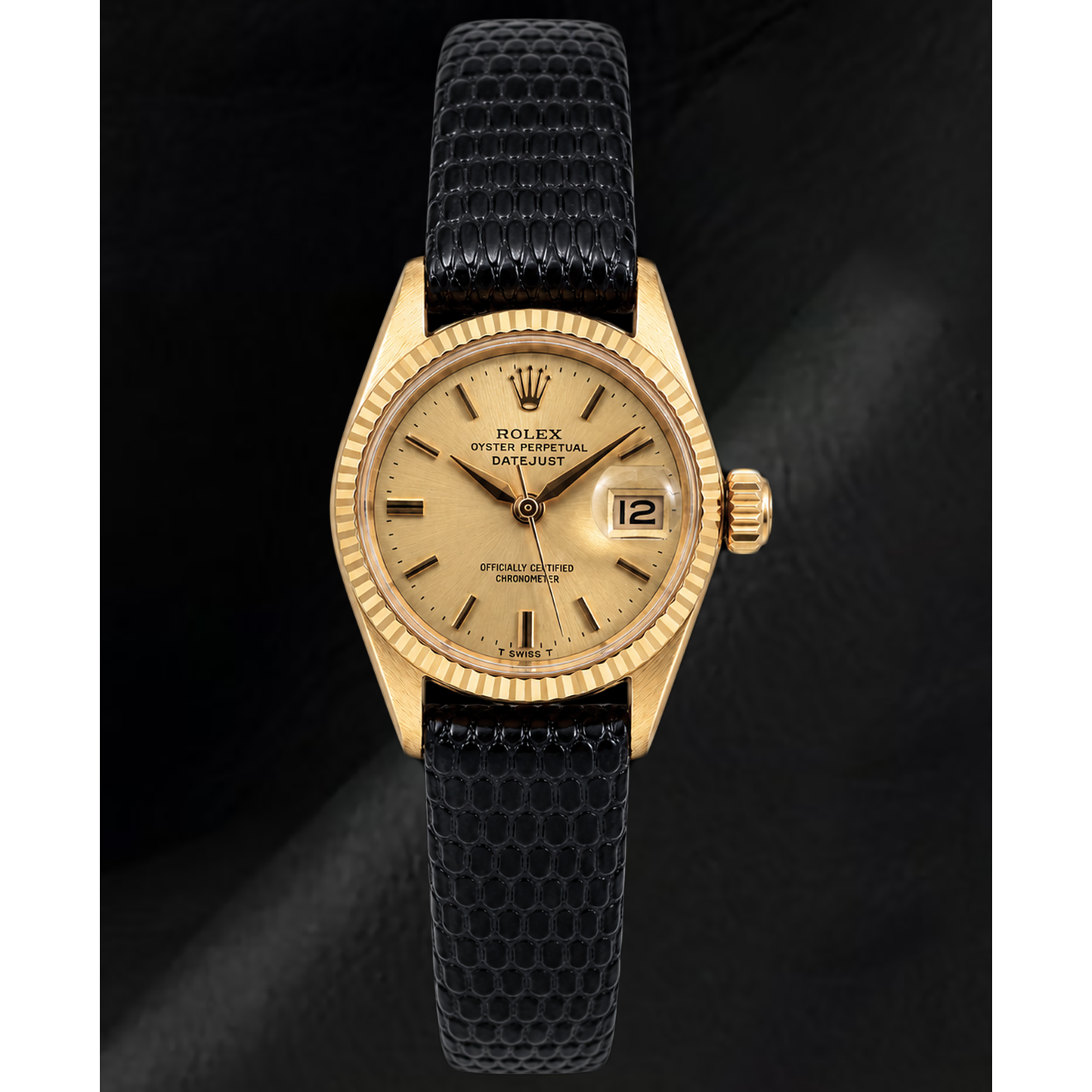 Orologio Rolex Datejust 26mm 6517 in Oro Giallo con Quadrante Champagne e Cinturino in Pelle Nera