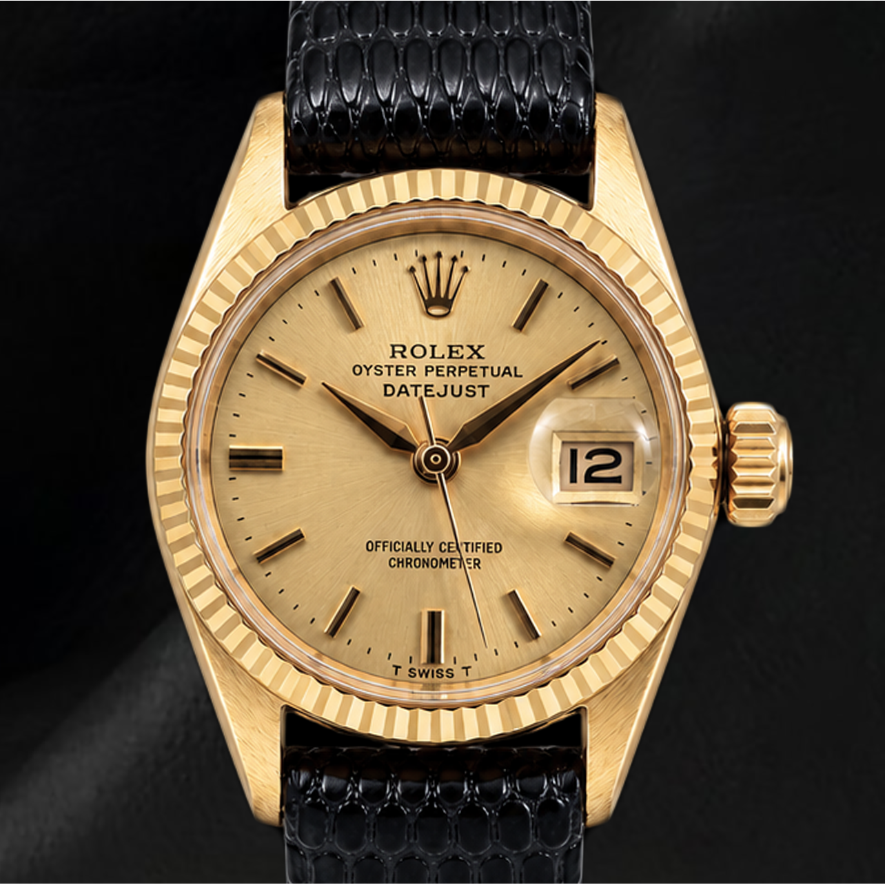 Orologio Rolex Datejust 26mm 6517 in Oro Giallo con Quadrante Champagne e Cinturino in Pelle Nera