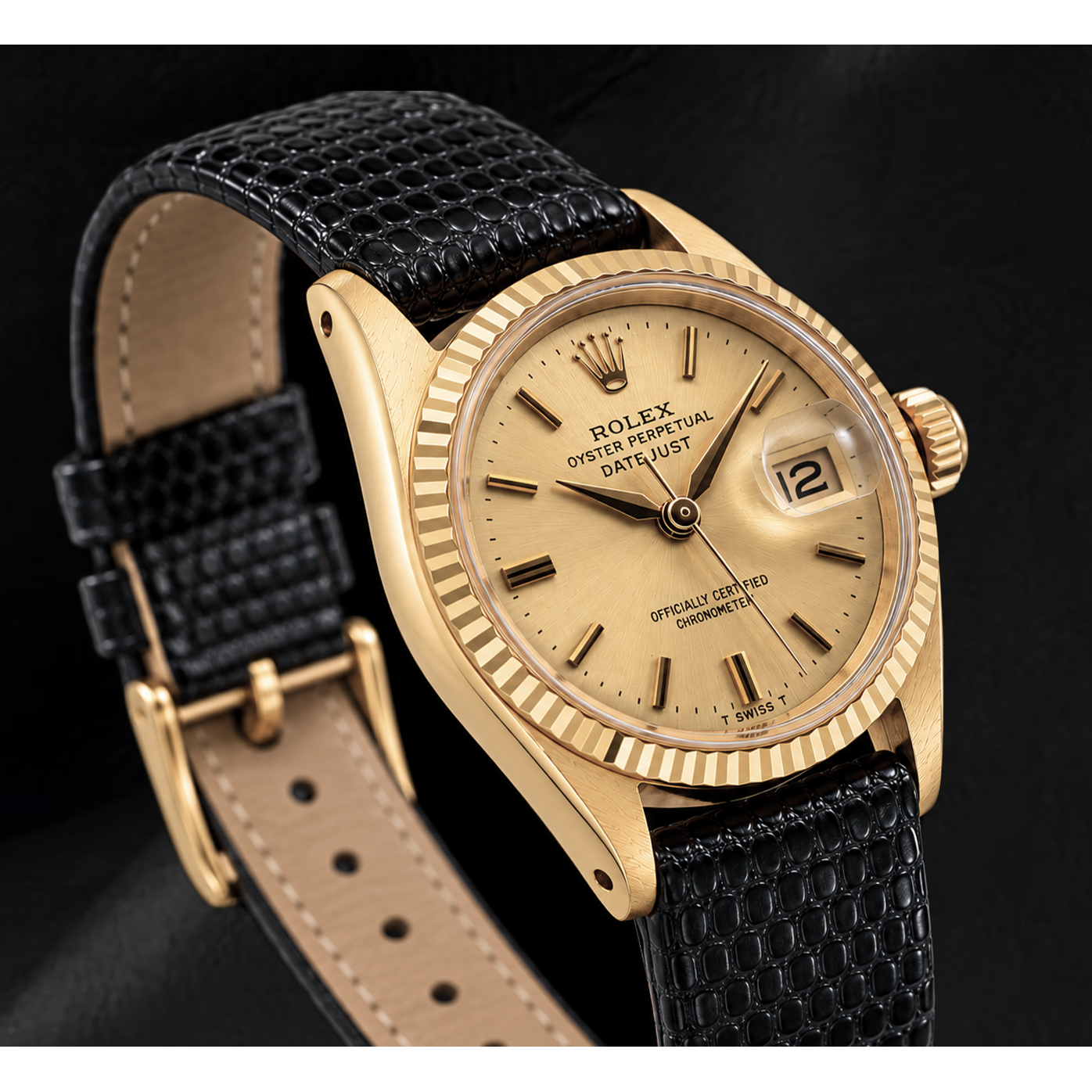 Orologio Rolex Datejust 26mm 6517 in Oro Giallo con Quadrante Champagne e Cinturino in Pelle Nera