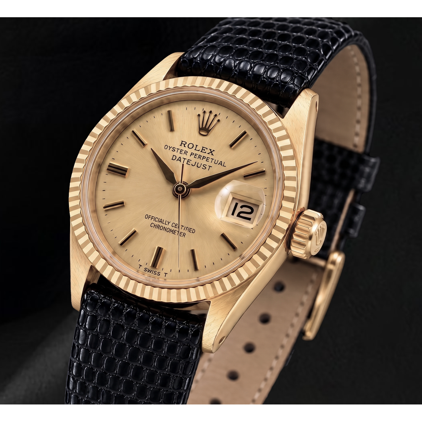 Orologio Rolex Datejust 26mm 6517 in Oro Giallo con Quadrante Champagne e Cinturino in Pelle Nera