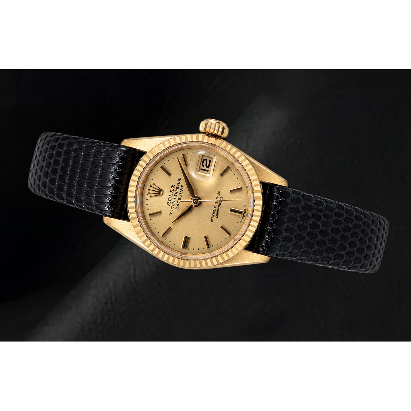 Orologio Rolex Datejust 26mm 6517 in Oro Giallo con Quadrante Champagne e Cinturino in Pelle Nera