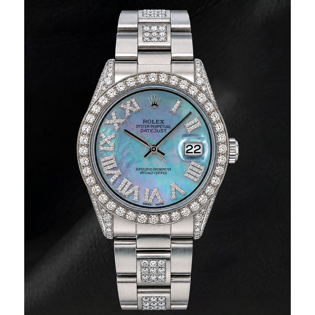 Orologio Rolex Datejust 36 mm 1601 in Acciaio Inossidabile con Quadrante con Diamanti in Madreperla Blu e Numeri Romani