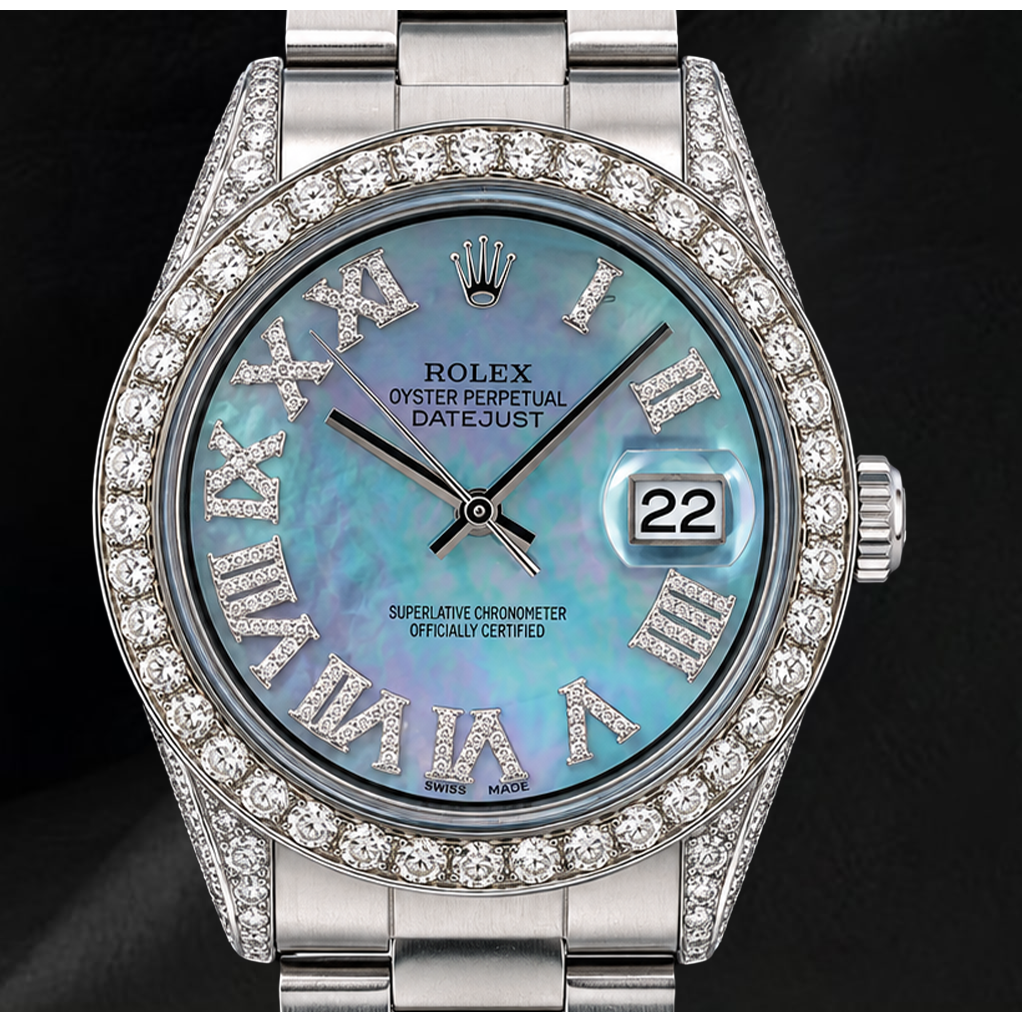 Orologio Rolex Datejust 36 mm 1601 in Acciaio Inossidabile con Quadrante con Diamanti in Madreperla Blu e Numeri Romani