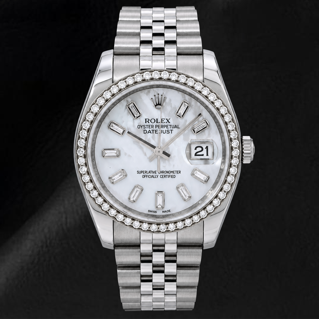 Orologio Rolex Datejust 36mm 116200 Quadrante in Madreperla Bianca con Diamanti Baguette Lunetta con Diamanti Bracciale Jubilee