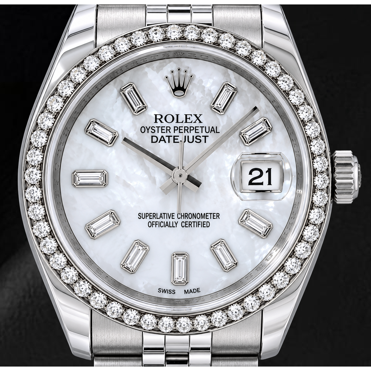 Orologio Rolex Datejust 36mm 116200 Quadrante in Madreperla Bianca con Diamanti Baguette Lunetta con Diamanti Bracciale Jubilee