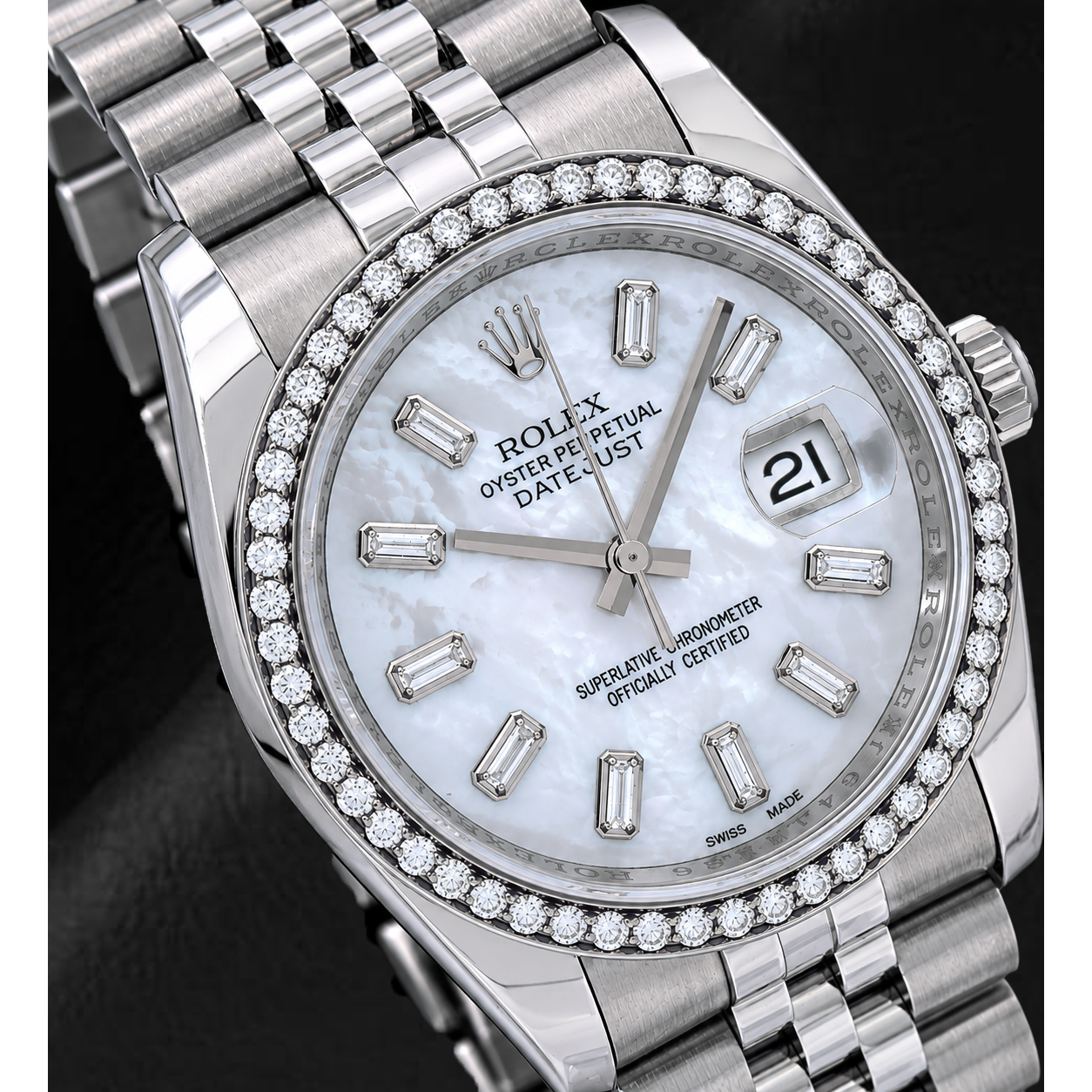 Orologio Rolex Datejust 36mm 116200 Quadrante in Madreperla Bianca con Diamanti Baguette Lunetta con Diamanti Bracciale Jubilee