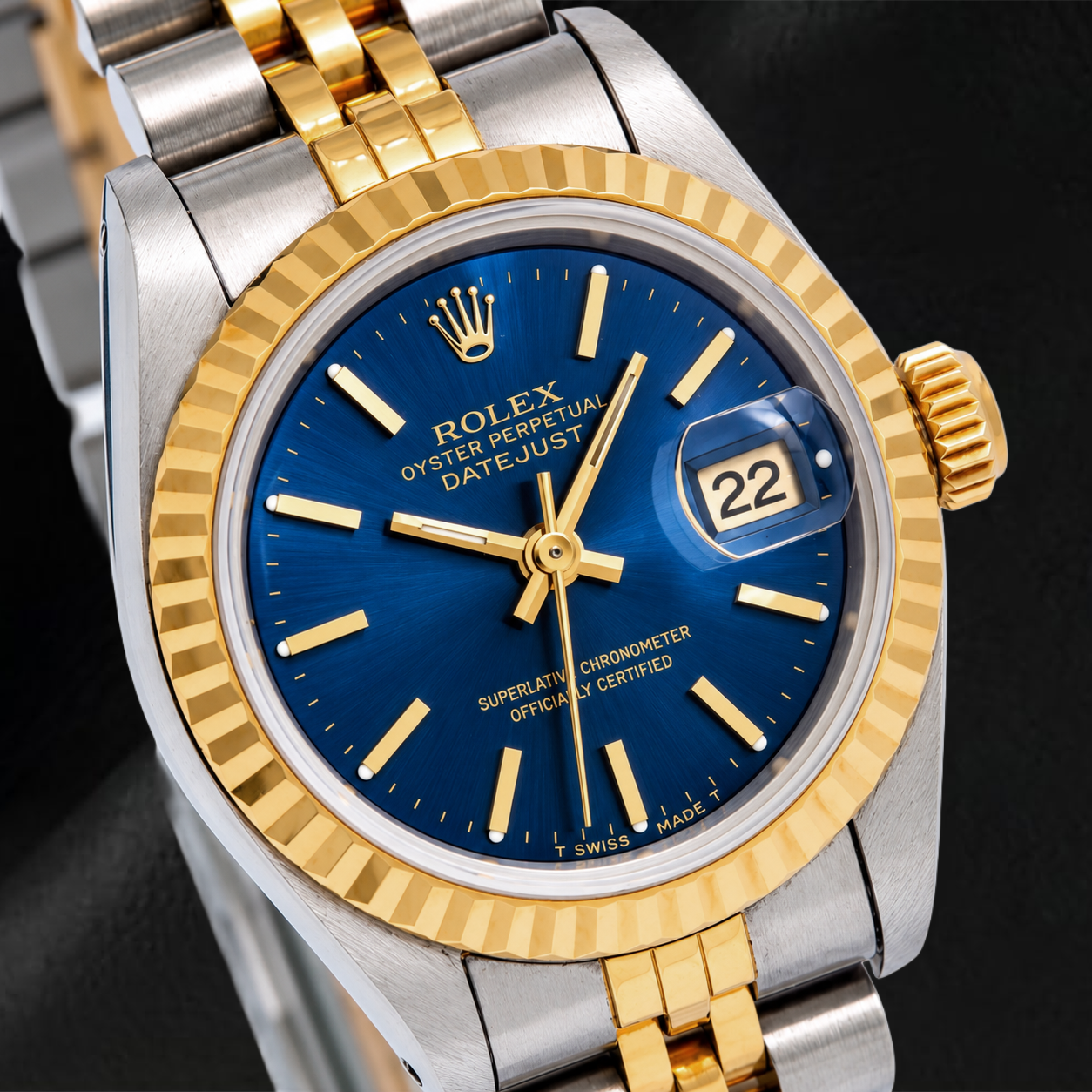 Orologio Rolex Datejust 6917 26 mm Quadrante Blu con Indici a Bastone Lunetta Zigrinata Bicolore Bracciale Jubilee