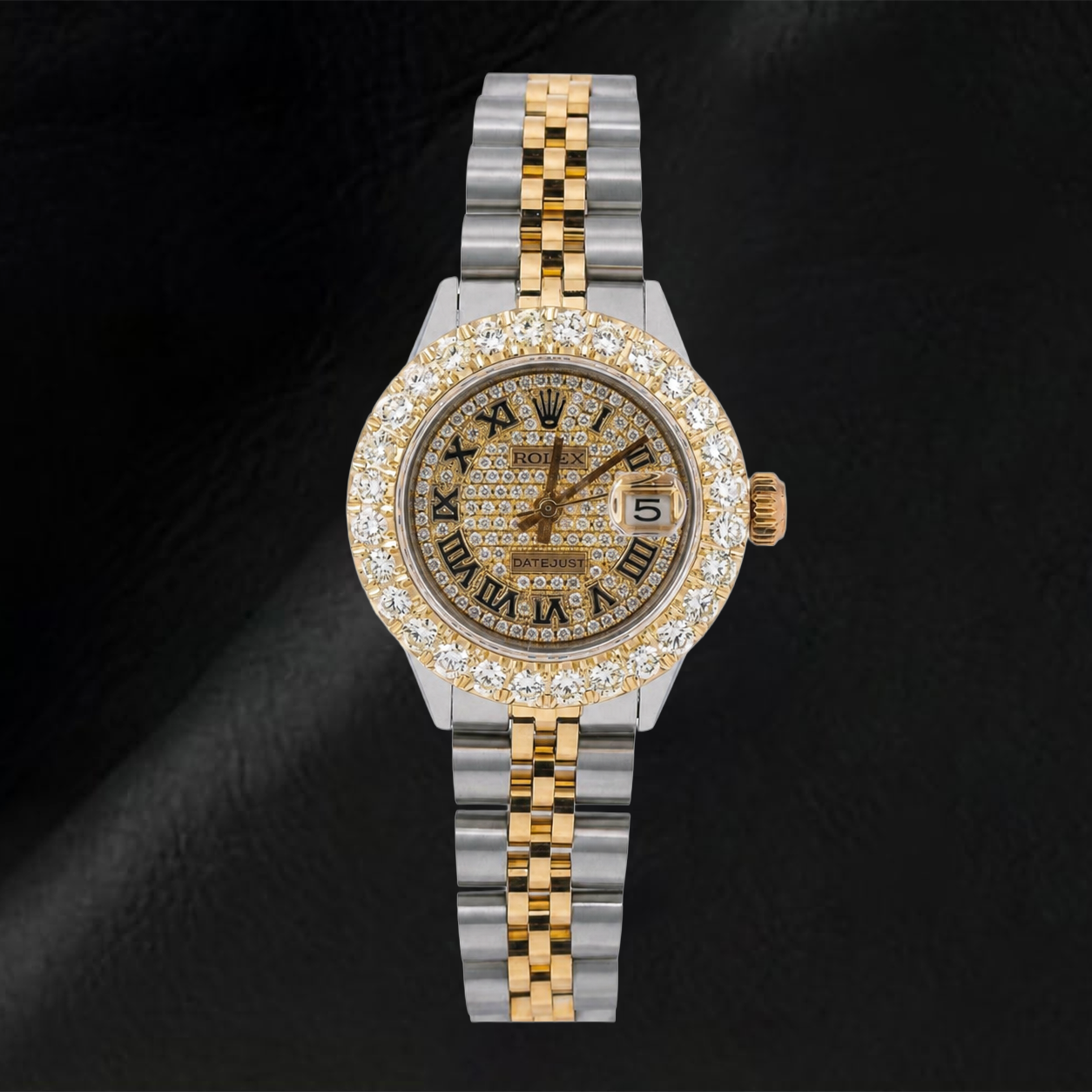 Orologio Rolex Datejust 69173 26 mm Bicolore con Quadrante Pavé di Diamanti e Numeri Romani e Bracciale Jubilee