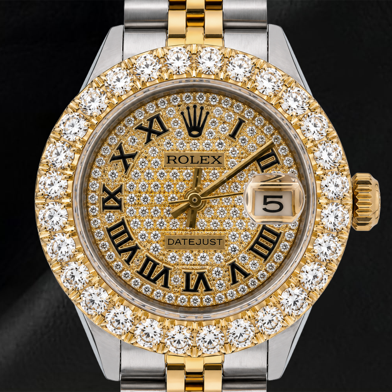 Orologio Rolex Datejust 69173 26 mm Bicolore con Quadrante Pavé di Diamanti e Numeri Romani e Bracciale Jubilee