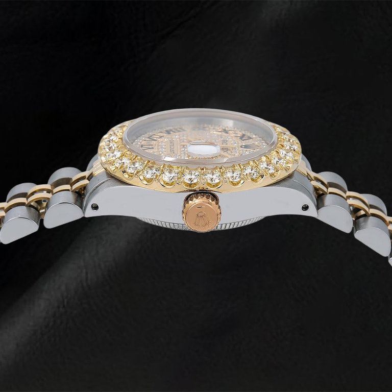 Orologio Rolex Datejust 69173 26 mm Bicolore con Quadrante Pavé di Diamanti e Numeri Romani e Bracciale Jubilee
