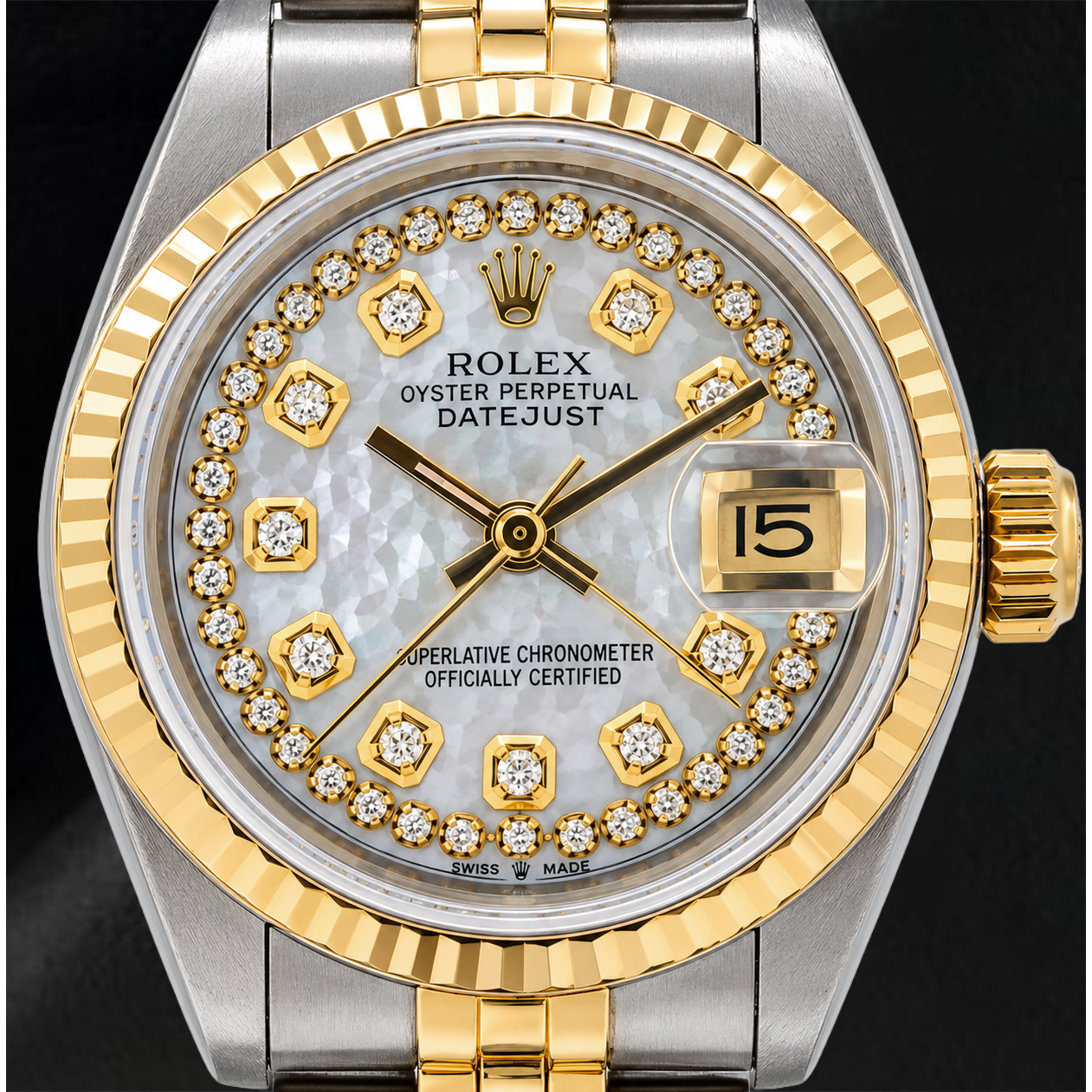 Orologio Rolex Datejust 69173 26 mm Quadrante in Madreperla Bianca con Diamanti a Filo Bicolore Bracciale Jubilee