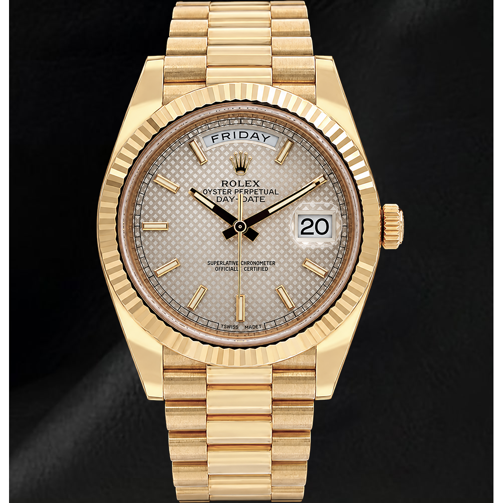 Orologio Rolex Day-Date 40 mm 228238 in Oro Giallo con Quadrante Argento con Motivo e Bracciale President
