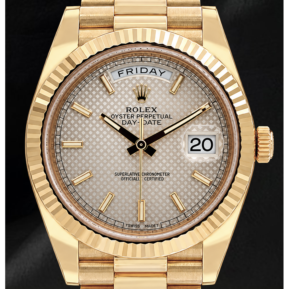 Orologio Rolex Day-Date 40 mm 228238 in Oro Giallo con Quadrante Argento con Motivo e Bracciale President