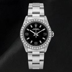 Orologio Rolex Oyster Perpetual 26mm 76030 con Quadrante Nero a Numeri Arabi e Lunetta con Diamanti